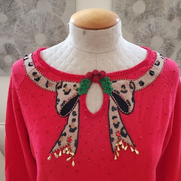 Collective Works Of Berek 2 Embellished Mistletoe Bow 3/4 Sleeve Sweater sz Med - Picture 3 of 10
